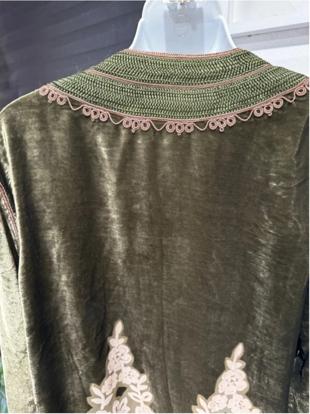 Maison du Cafian Velvet Floral Kaftan Jacket Size M Green Beige